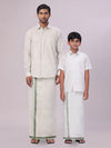 Father & Son Olive Green Color Tissue Shirt with Jari Dhoti Combo
