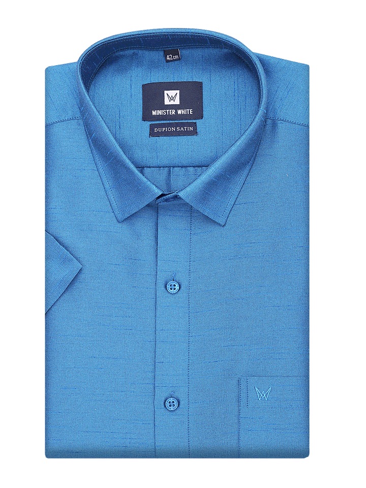 Mens Dupion Satin Regular Fit Blue Shirt by Minister White