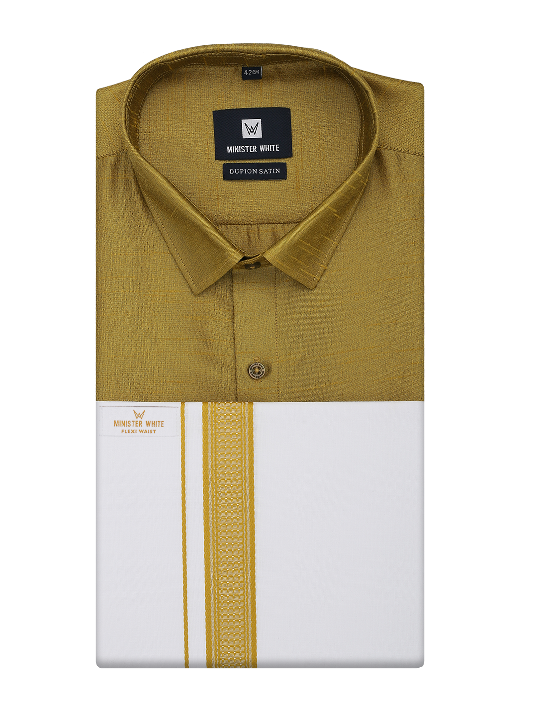 Mens Light Green Dupion Satin Color Shirt with Matching Border Flexi Dhoti Combo Gora Flexi by Minister White