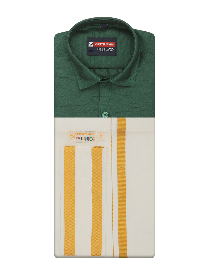 Boys Green Color Half Sleeves Shirt with Gold Jari Flexi Dhoti Adorable Boy by Minister White