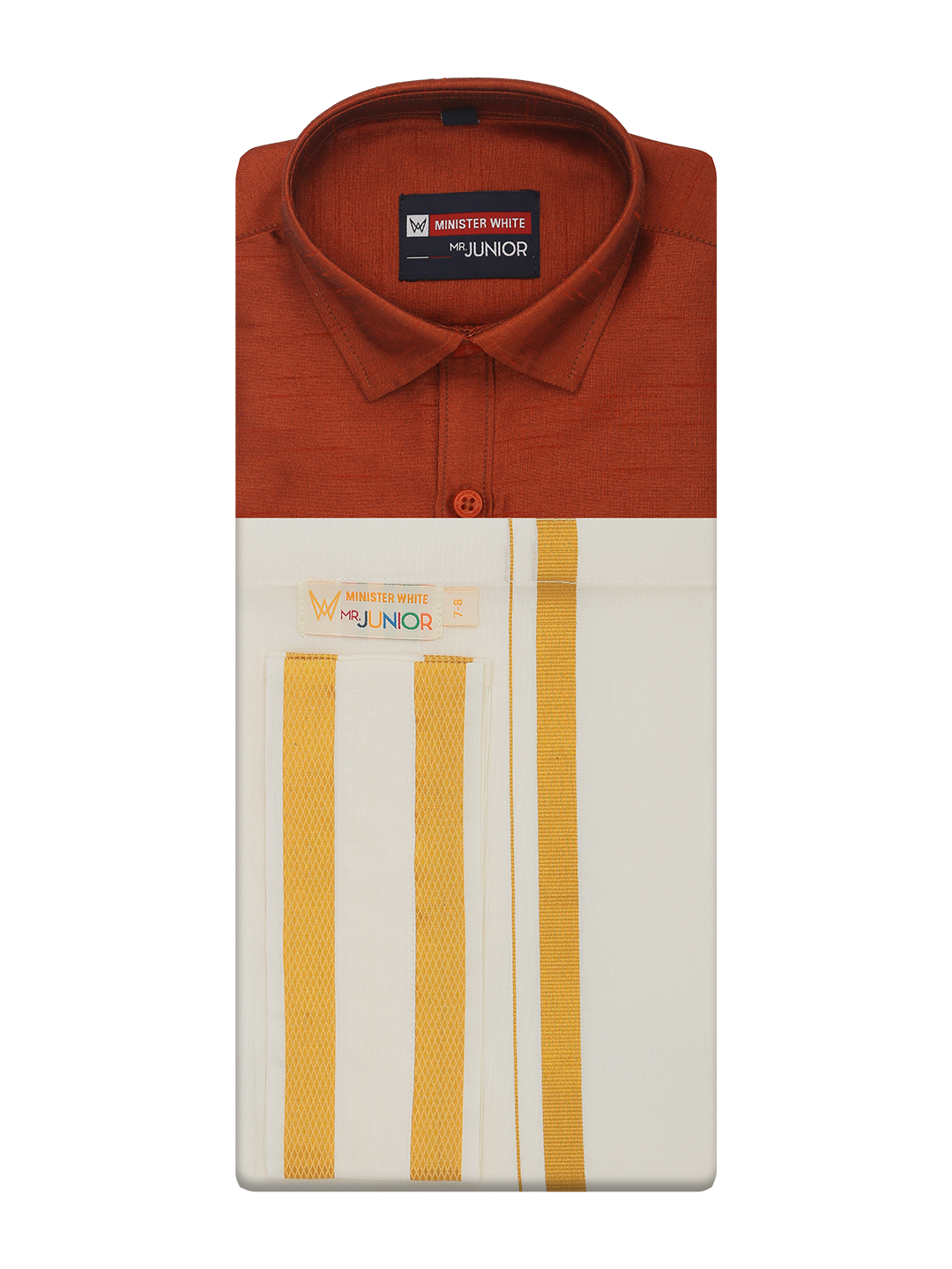 Boys Brown Color Half Sleeves Shirt with Gold Jari Flexi Dhoti Adorable Boy by Minister White