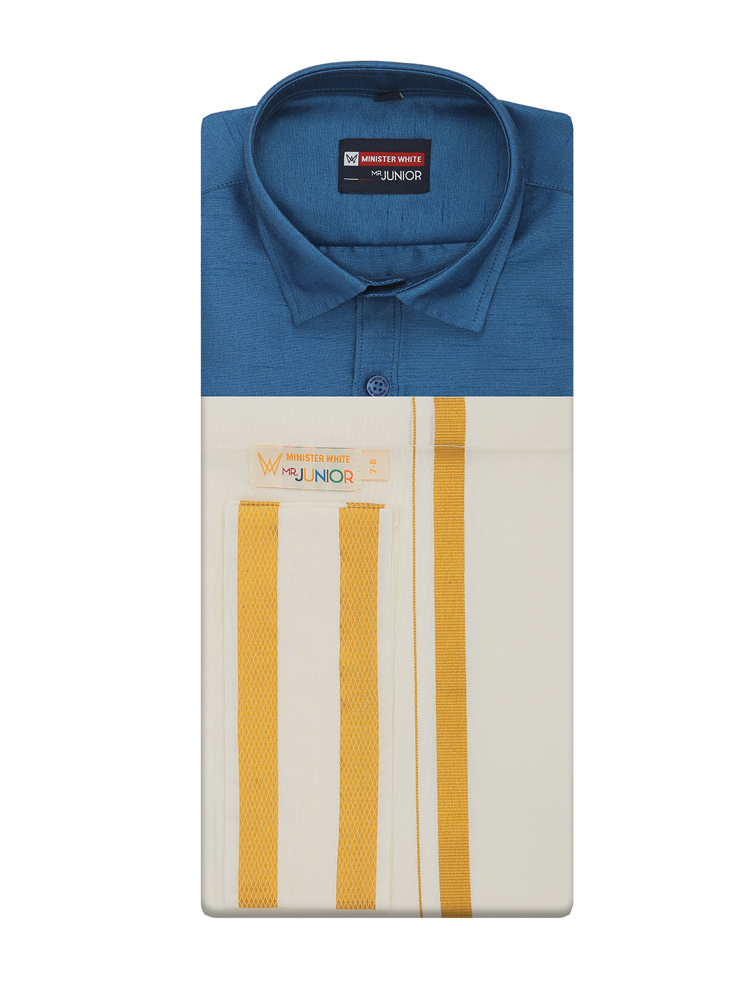 Boys Dark Blue Color Half Sleeves Shirt with Gold Jari Flexi Dhoti Adorable Boy by Minister White