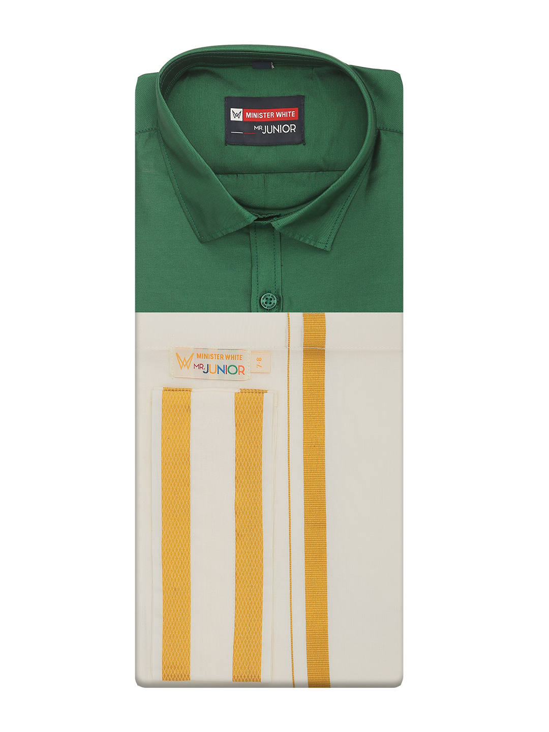 Boys Art Silk Green Half Sleeves Shirt with Gold Jari Flexi Dhoti Towel Combo Calm Boy by Minister White