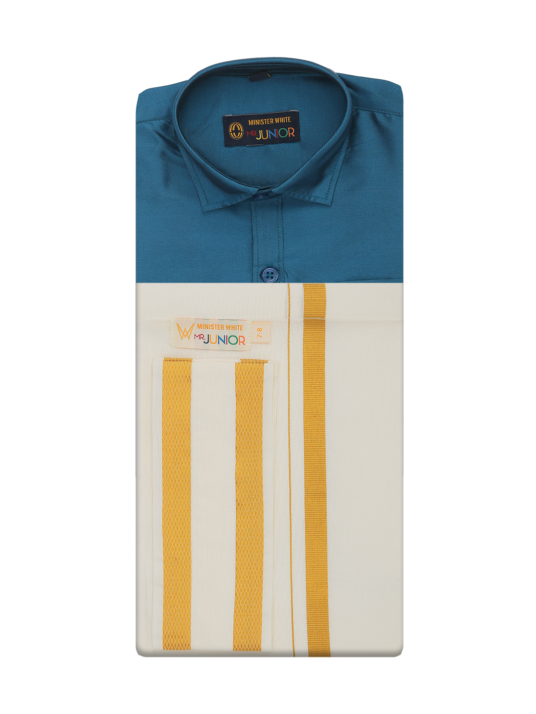 Boys Art Silk Ocean Blue Half Sleeves Shirt with Gold Jari Flexi Dhoti Towel Combo Calm Boy by Minister White