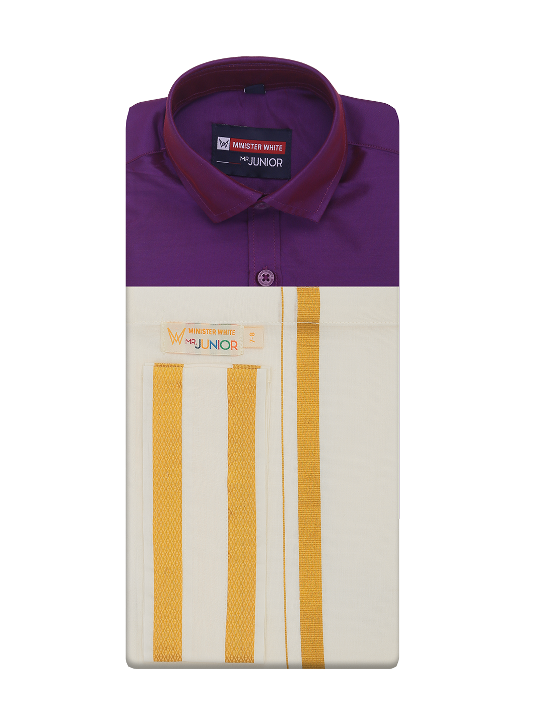 Boys Art Silk Purple Half Sleeves Shirt with Gold Jari Flexi Dhoti Towel Combo Calm Boy by Minister White