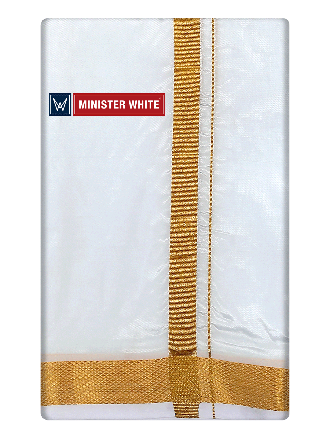 Mens Art Silk White Double Dhoti with 70K Gold Jari Border - Dharmashala 70K by Minister White