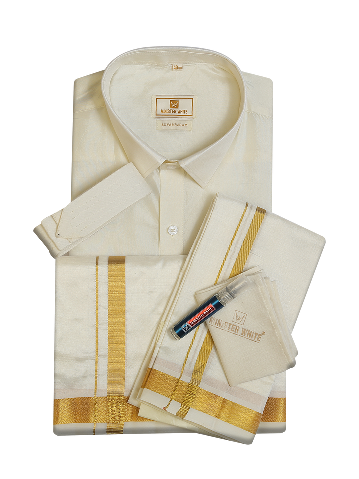 Men's Pure Silk Wedding Cream Shirt, Dhoti, Nerial with Belt Combo by Minister White