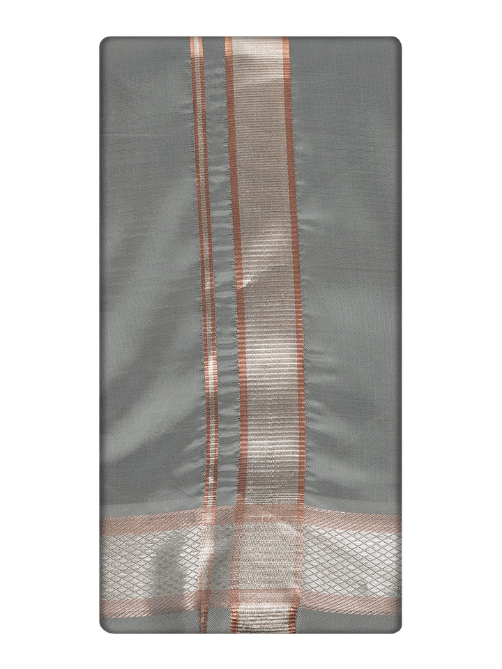 Men's Premium Art Silk Steel Grey Shirt Bit with Silver Jari Border Dhoti Towel Combo Wedding Wonders