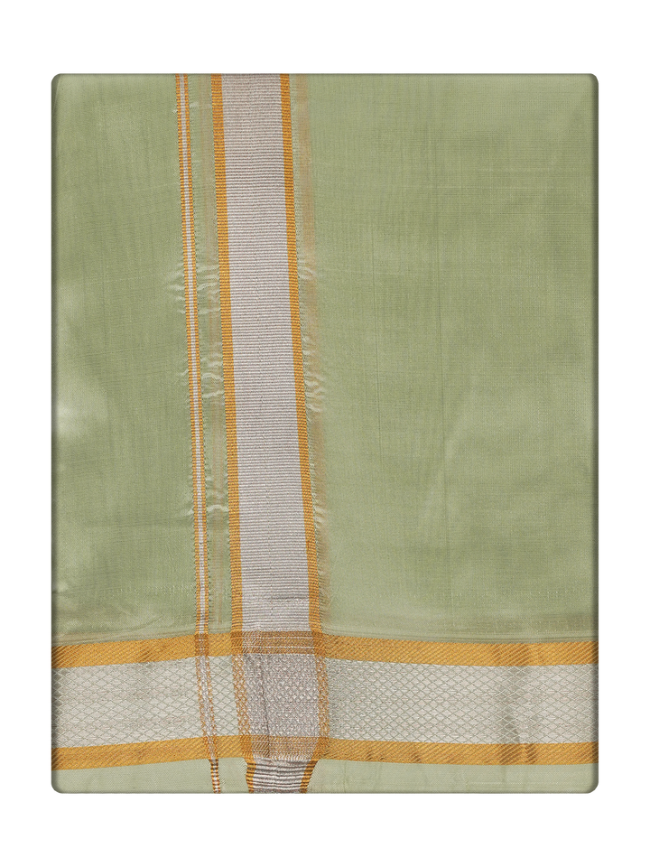 Men's Premium Art Silk Pista Green Shirt Bit with Gold Jari Border Dhoti Towel Combo Wedding Wonders