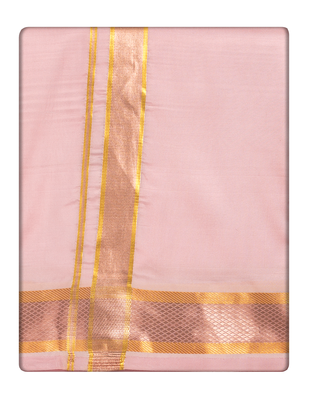 Men's Premium Art Silk Pink Shirt Bit with Gold Jari Border Dhoti Towel Combo Wedding Wonders