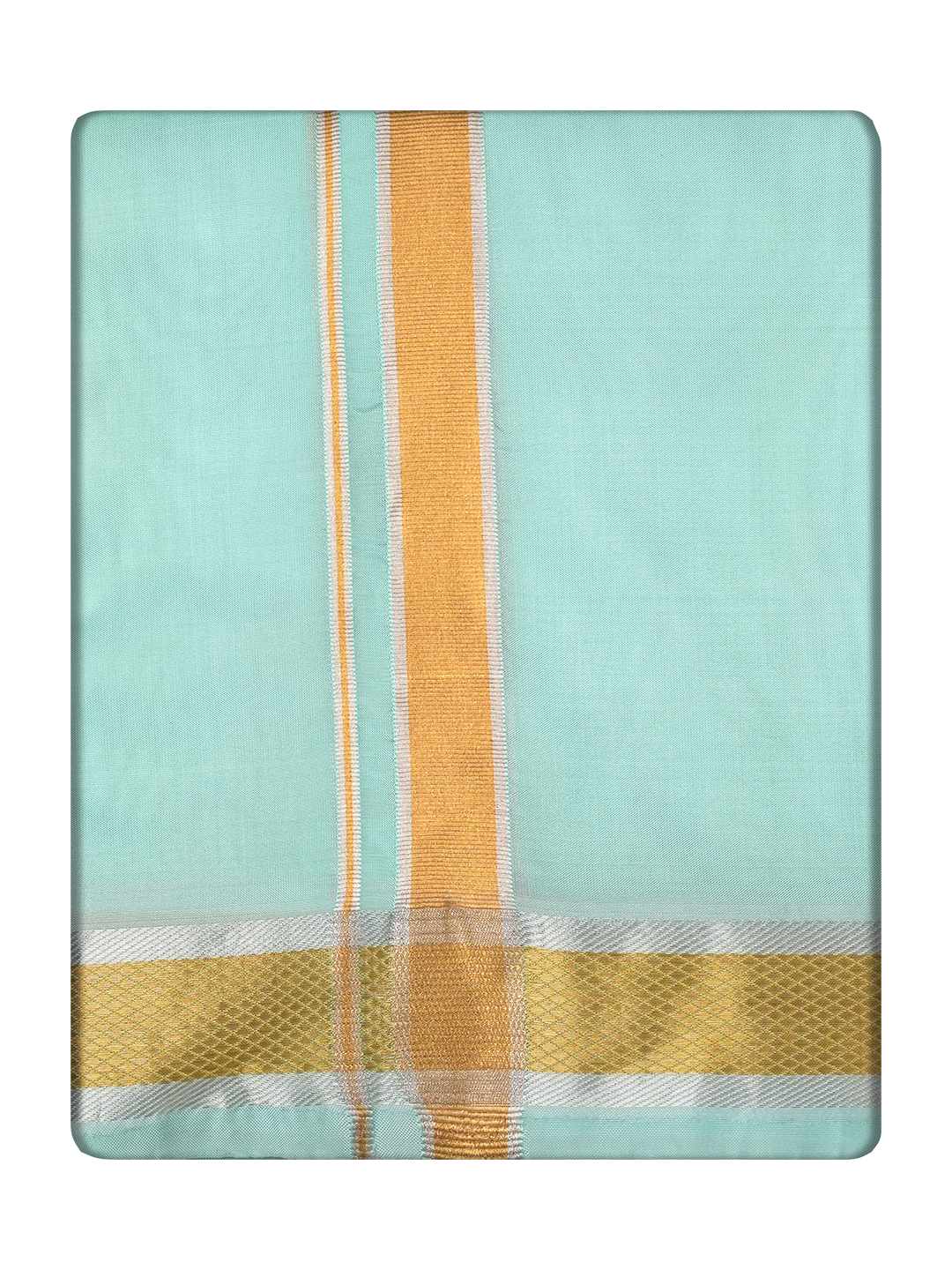 Men's Premium Art Silk Mint Leaf Green Shirt Bit with Gold Jari Border Dhoti Towel Combo Wedding Wonders