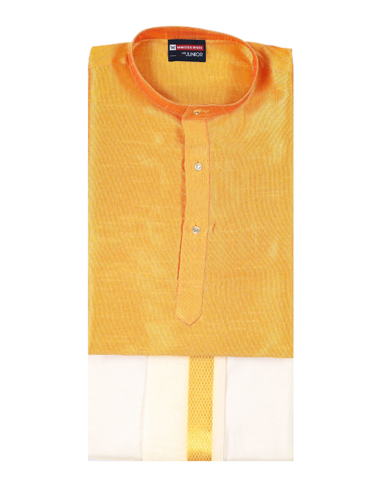 Boys Orange Colour Kurtha with Gold Jari Panchakacham Combo Chitrang by Minister White