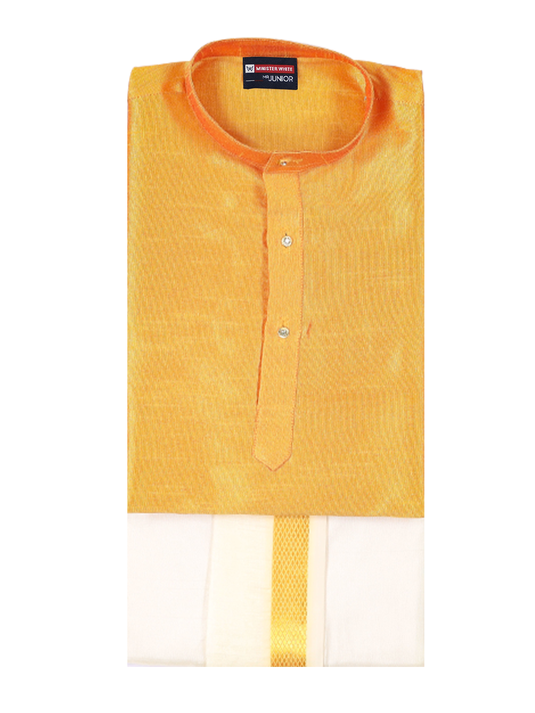 Boys Orange Colour Kurtha with Gold Jari Panchakacham Combo Chitrang by Minister White