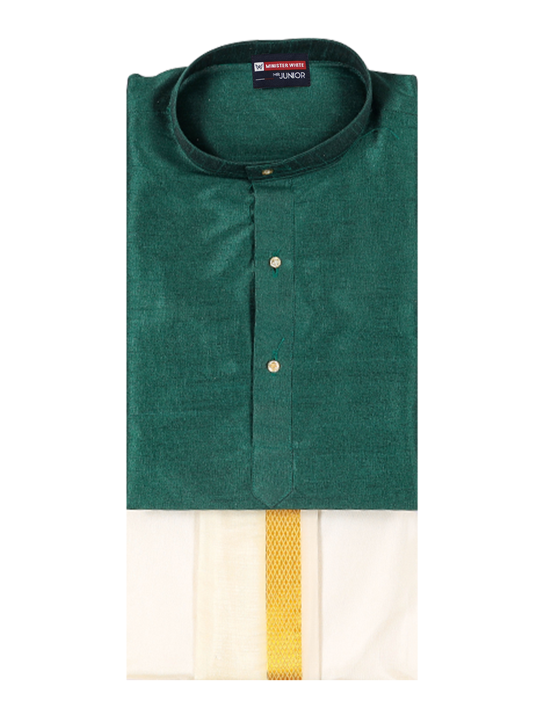 Boys Green Colour Kurtha with Gold Jari Panchakacham Combo Chitrang by Minister White