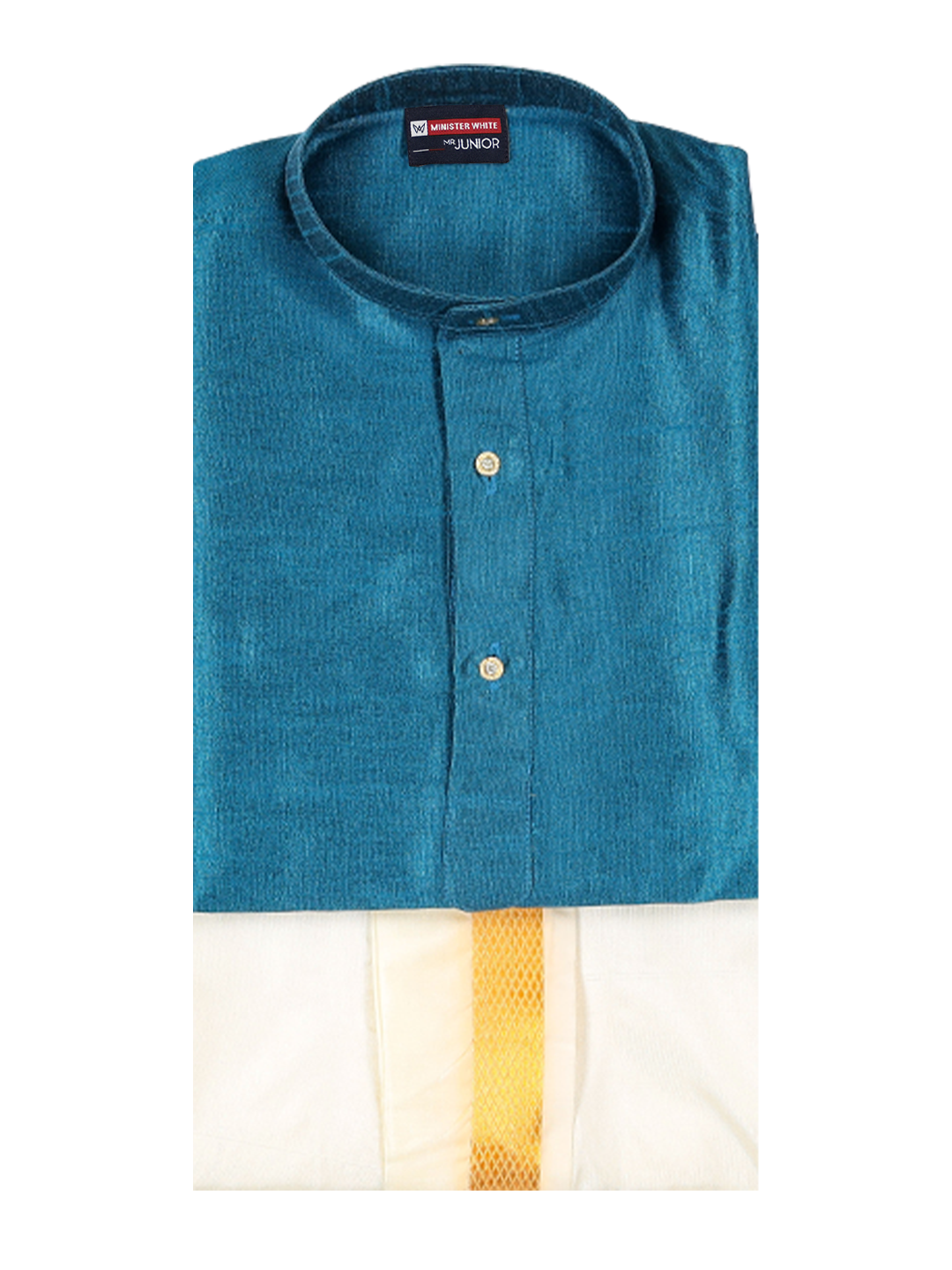 Boys Dark Blue Colour Kurtha with Gold Jari Panchakacham Combo Chitrang by Minister White