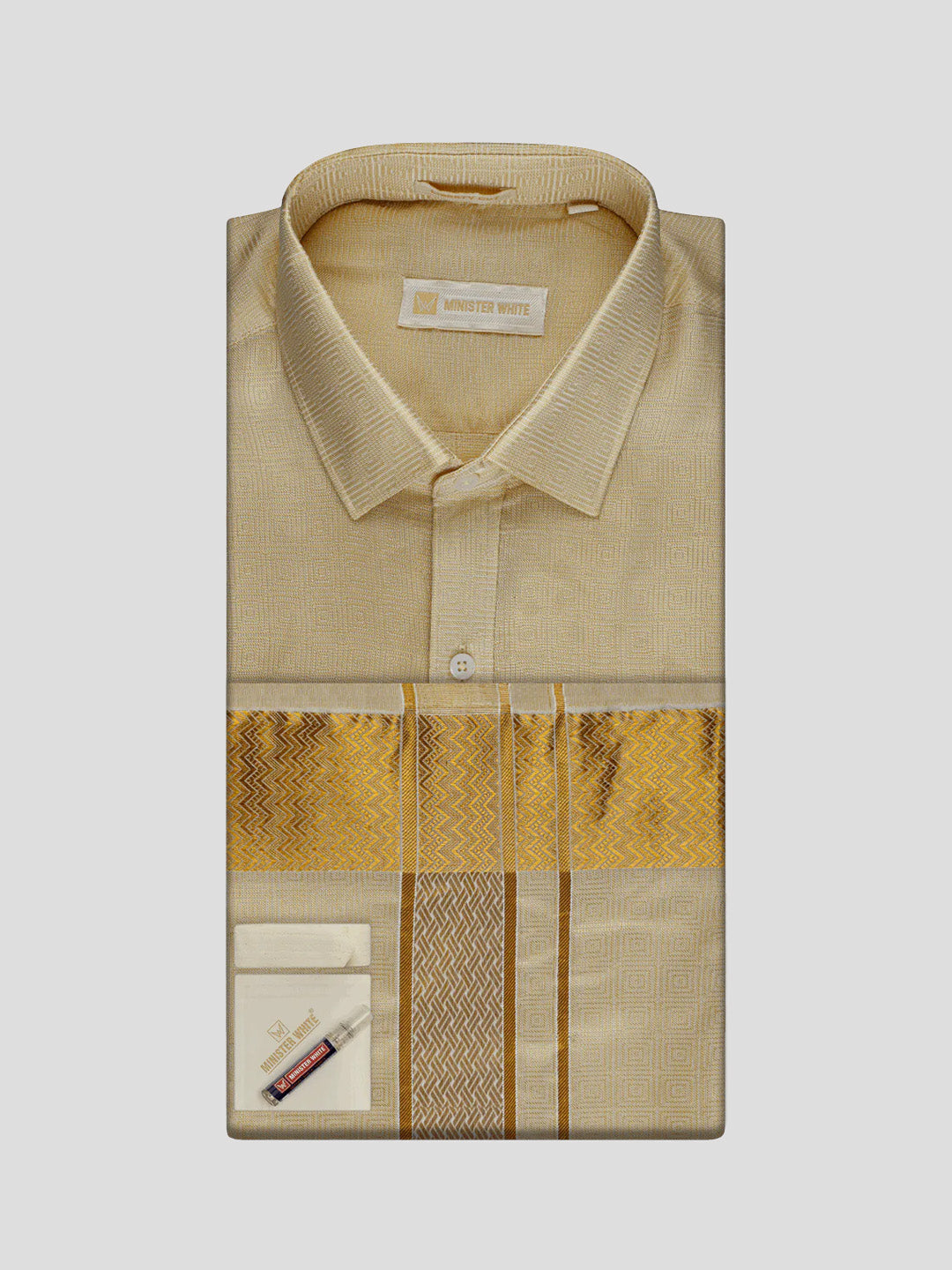 Jacquard Men's Art Silk Fawn Gold Shirt & Jari Border Dhoti ministerwhite.com Jacquard Men's Art Silk Fawn Gold Shirt & Jari Border Dhoti ministerwhite.com