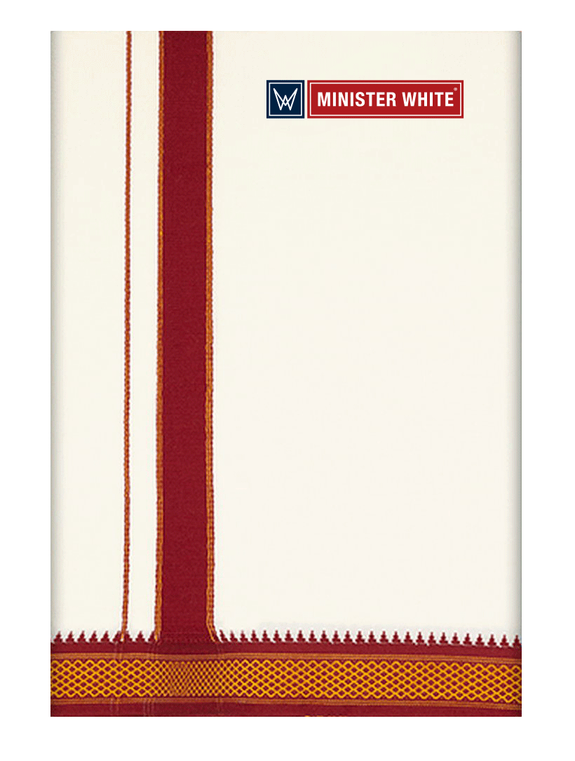 Mens Cotton Cream Double Layered with Mayilkhan Border Dhoti - Chetana by Minister White
