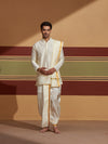 Mens Art Silk Cream Kurta Readymade Panchakacham Towel Gold Jari Border Combo Olir