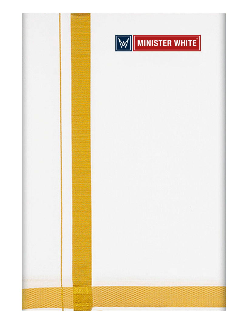 Mens Cotton White Double Layered Dhoti with 1" Gold Jari Border - Omkar by Minister White
