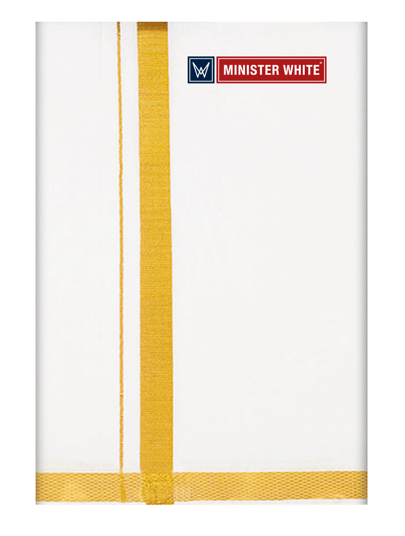 Mens Cotton White Double Layered Dhoti with 3/4" Gold Jari Border - Omkar by Minister White