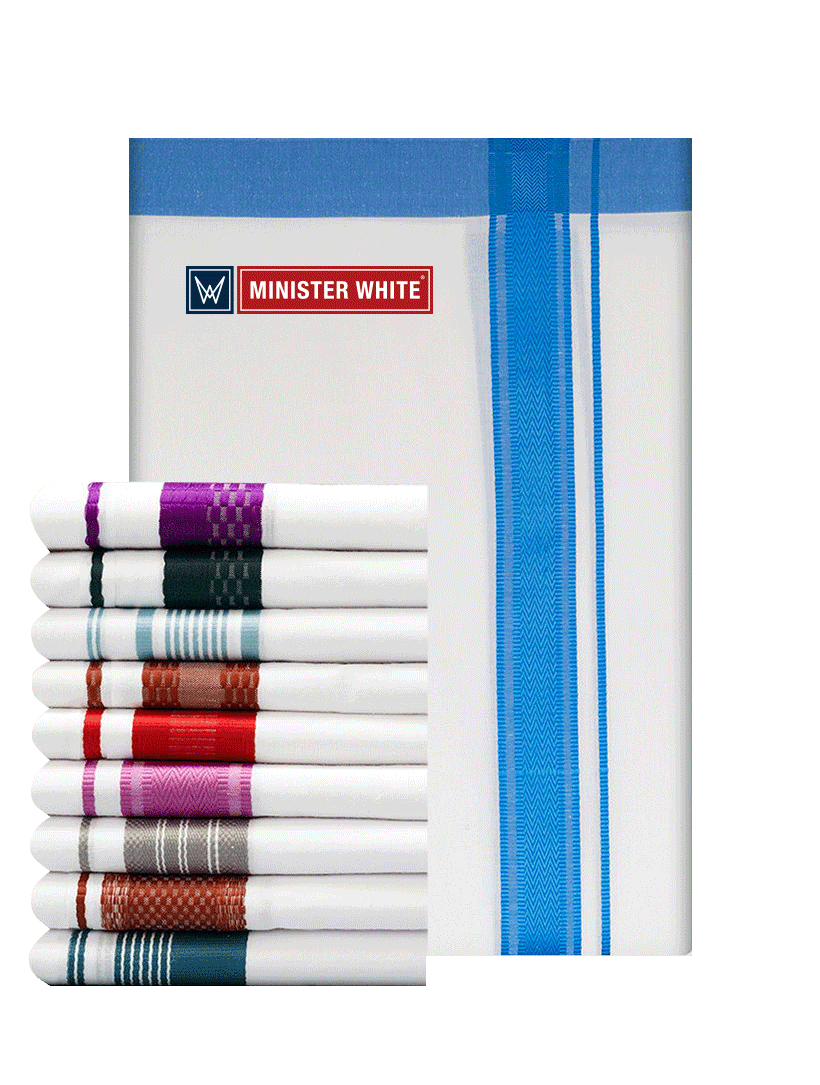 Mens Cotton White Single Layered Dhoti with Assorted Fancy Border - Ravivarma Mix by Minister White