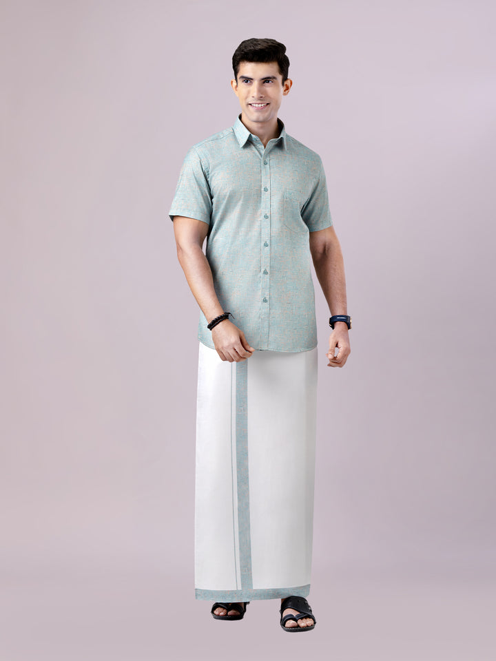 Men's Turquois Color Digital Printed Shirt with Matching Printed Border Dhoti Combo Varnam