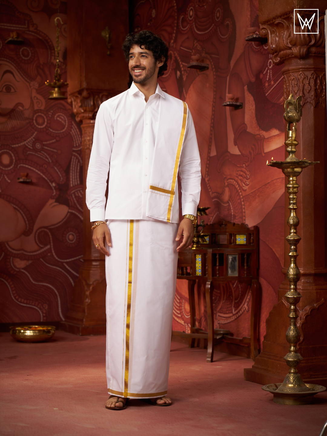 Mens Pure Cotton White Wedding Shirt Gold Jari Dhoti Towel Combo Santham White