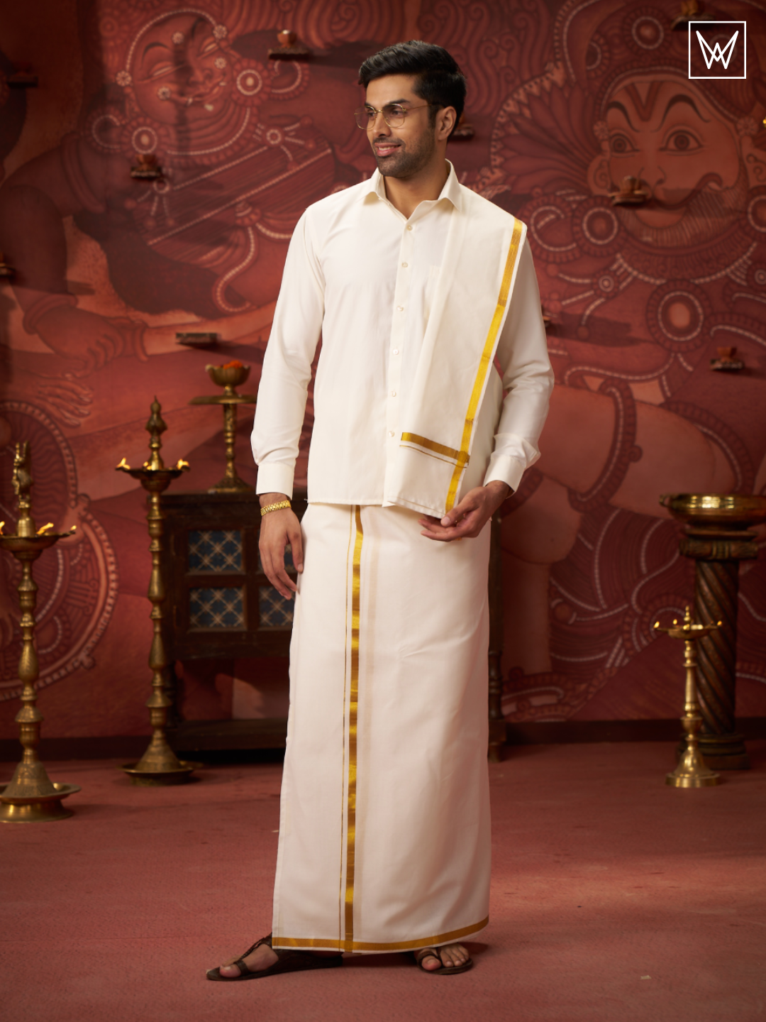 Mens Pure Cotton Cream Wedding Shirt Dhoti Towel Belt Combo - Vaibhav Cream-2 by Minister White