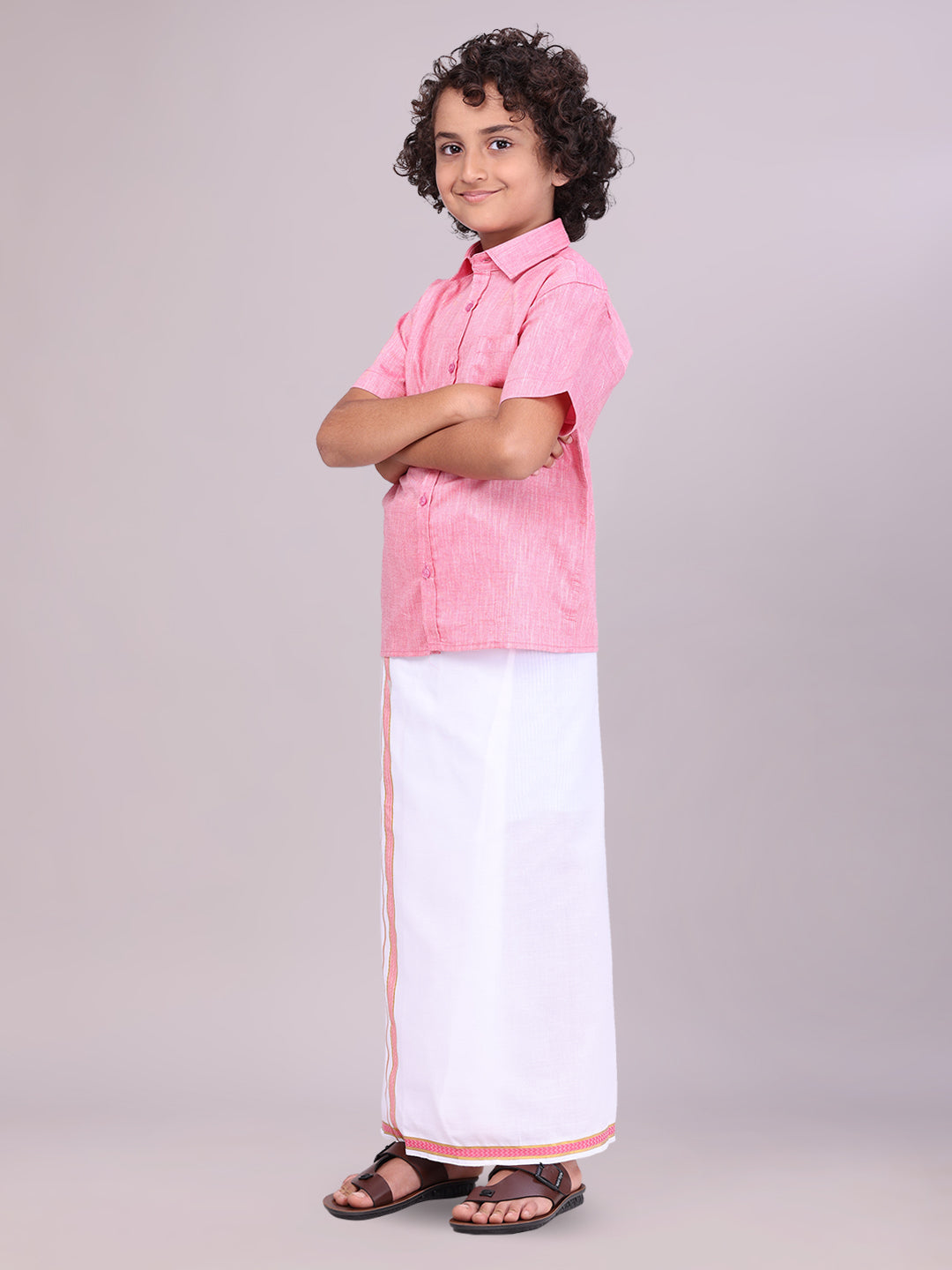 Kids Pink Color Cotton Shirt with Matching Border Dhoti Combo
