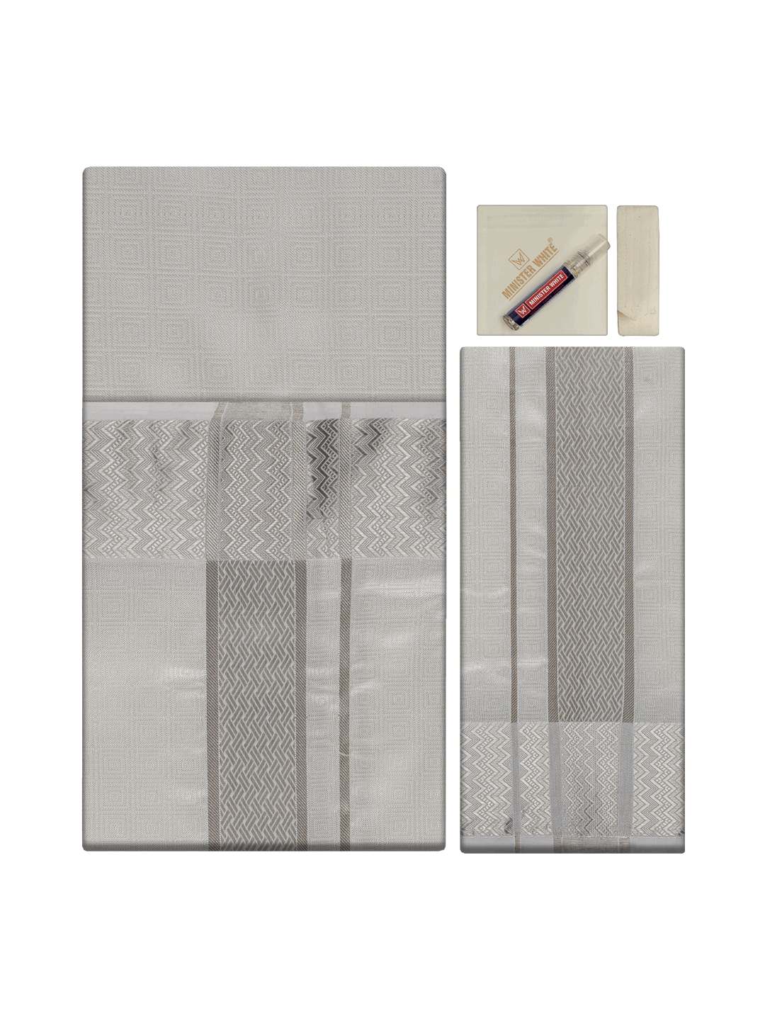 Men's Art Silk Half White Jacquard Full Sleeves Shirt with 2 1/2" Silver Jari Border & Towel Dhoti Combo Nautica