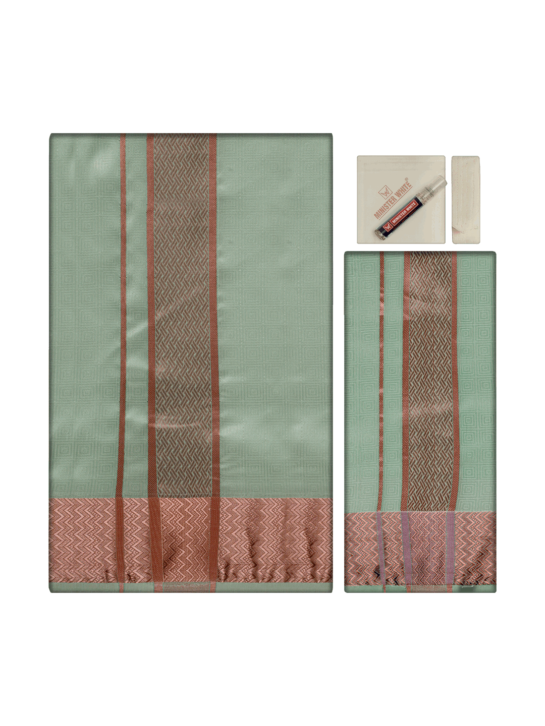 Men's Art Silk Half White Jacquard Full Sleeves Shirt with 2 1/2" Copper Jari Border & Towel Dhoti Combo Nautica