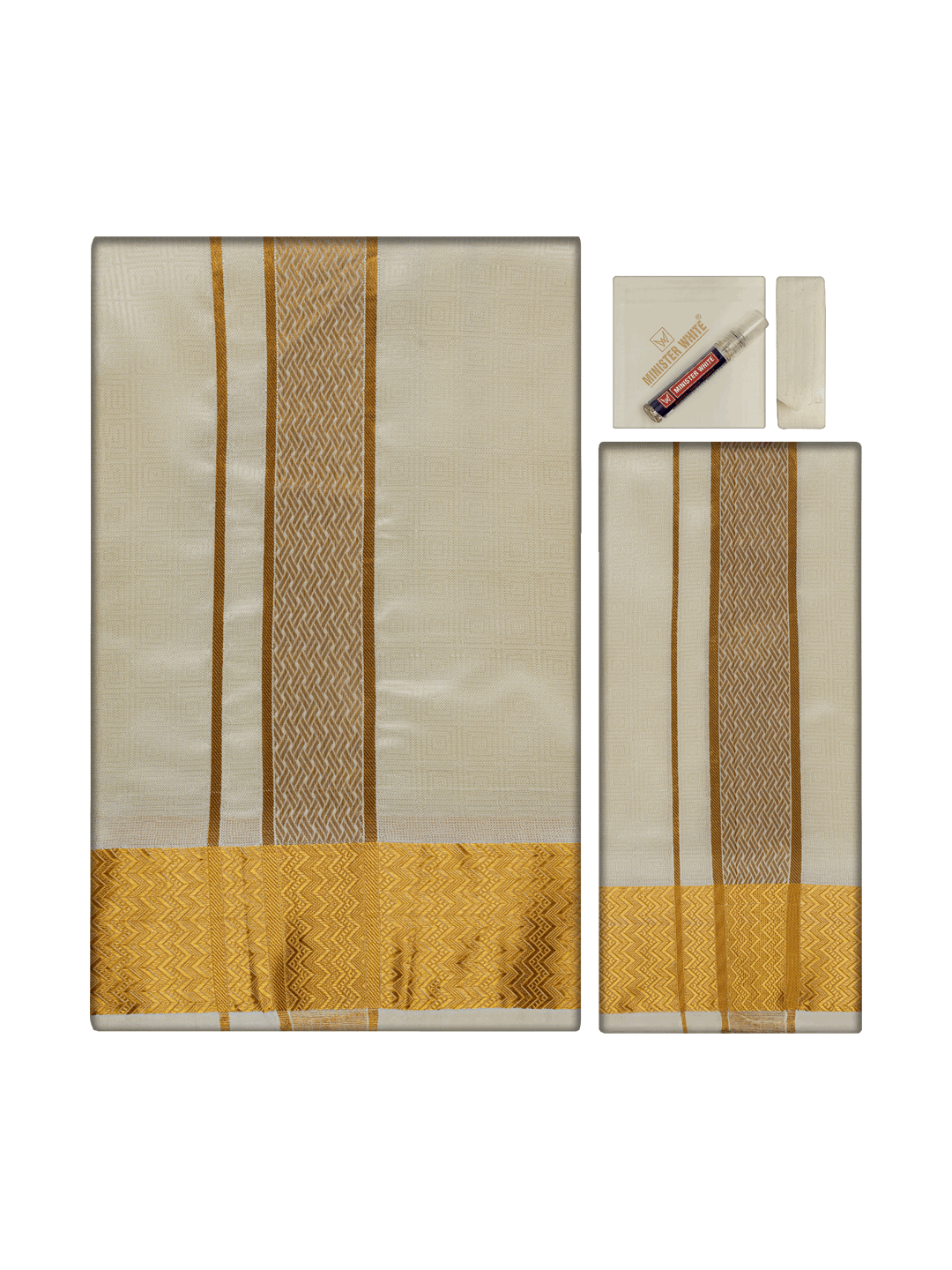 Men's Art Silk Cream Jacquard Full Sleeves Shirt with 2 1/2" Gold Jari Border & Towel Dhoti Combo Nautica
