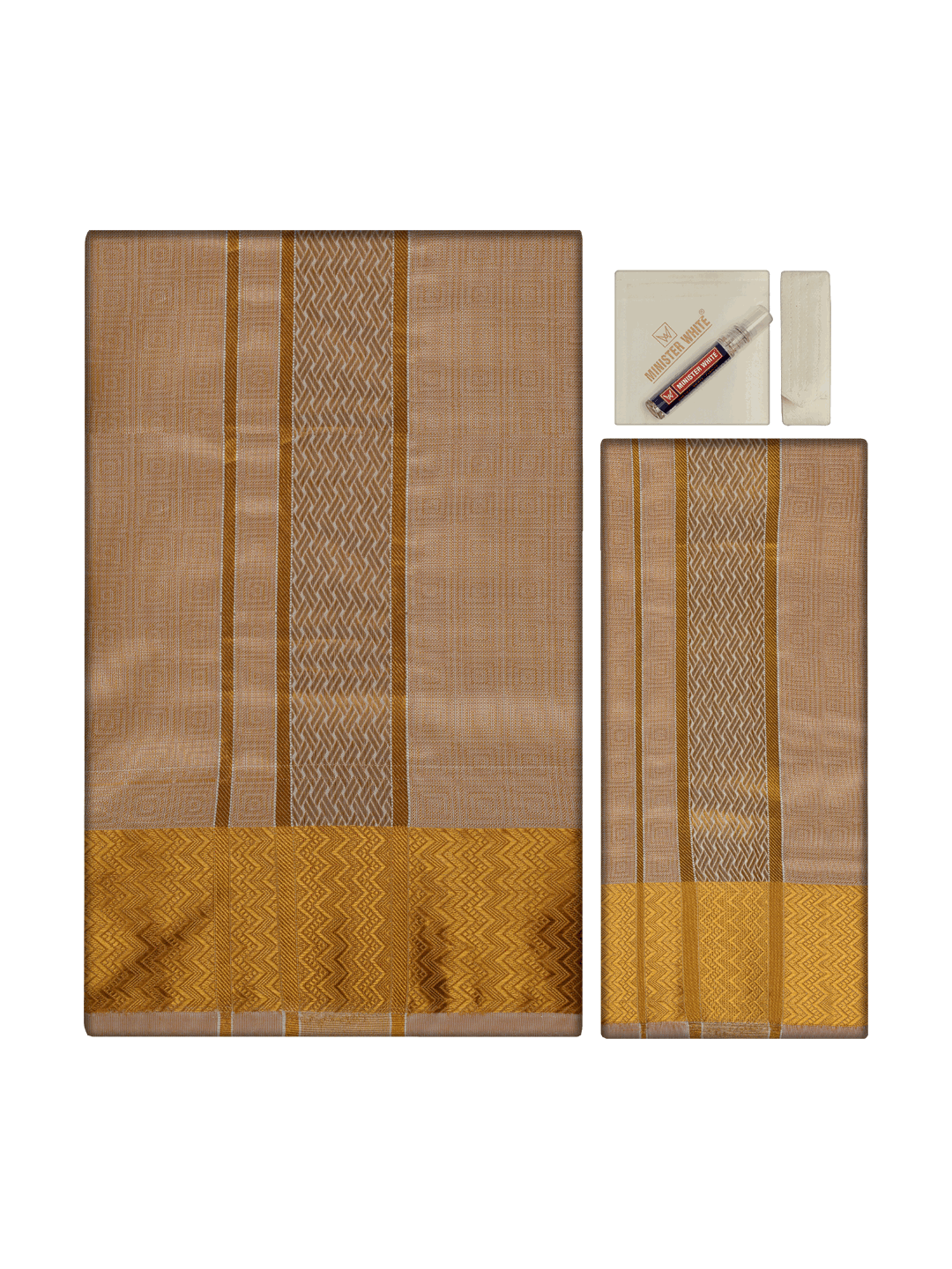 Men's Art Silk Biscuit Jacquard Full Sleeves Shirt with 2 1/2" Gold Jari Border & Towel Dhoti Combo Nautica
