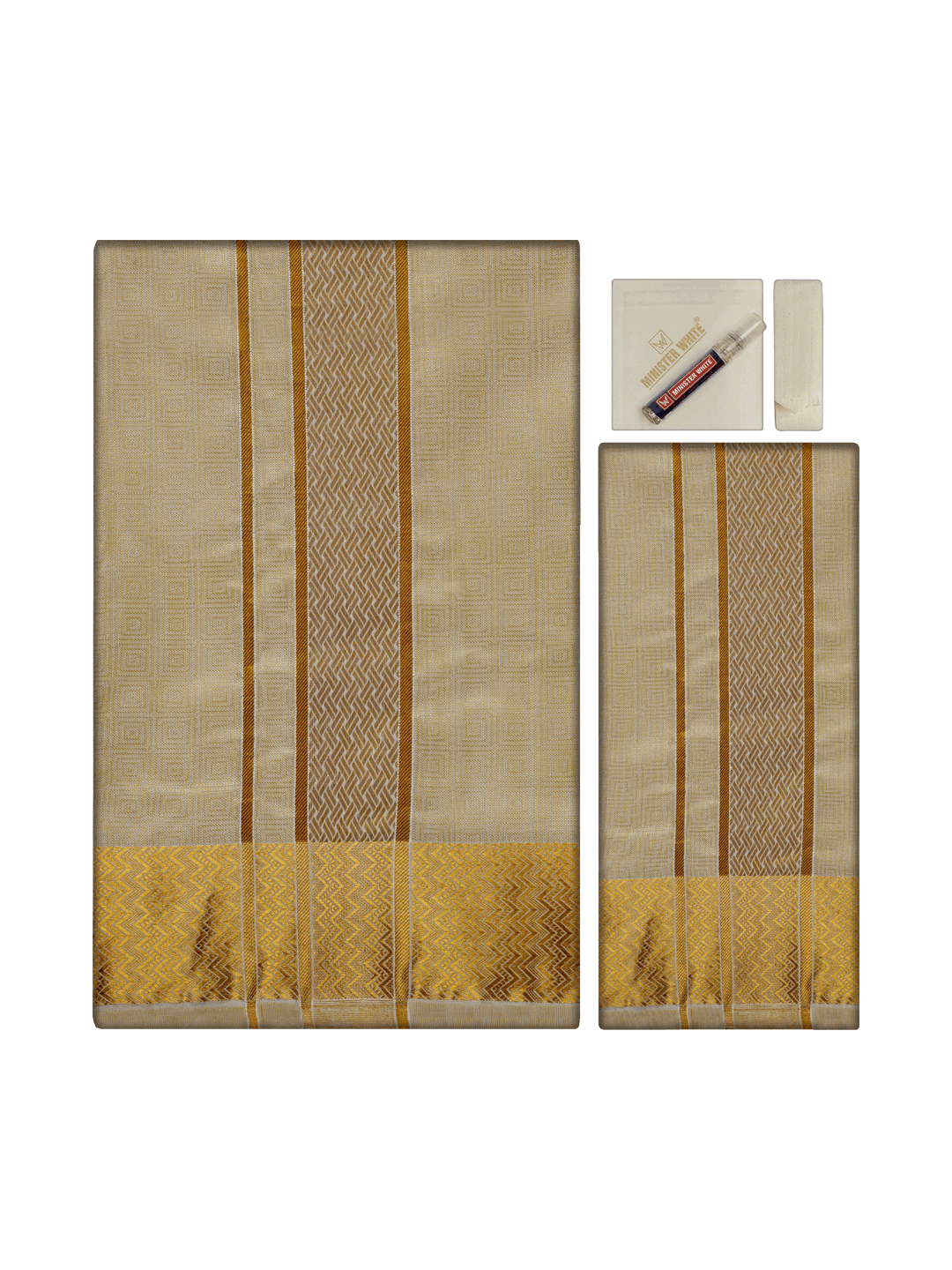 Men's Art Silk Fawn Jacquard Full Sleeves Shirt with 2 1/2" Gold Jari Border & Towel Dhoti Combo Nautica