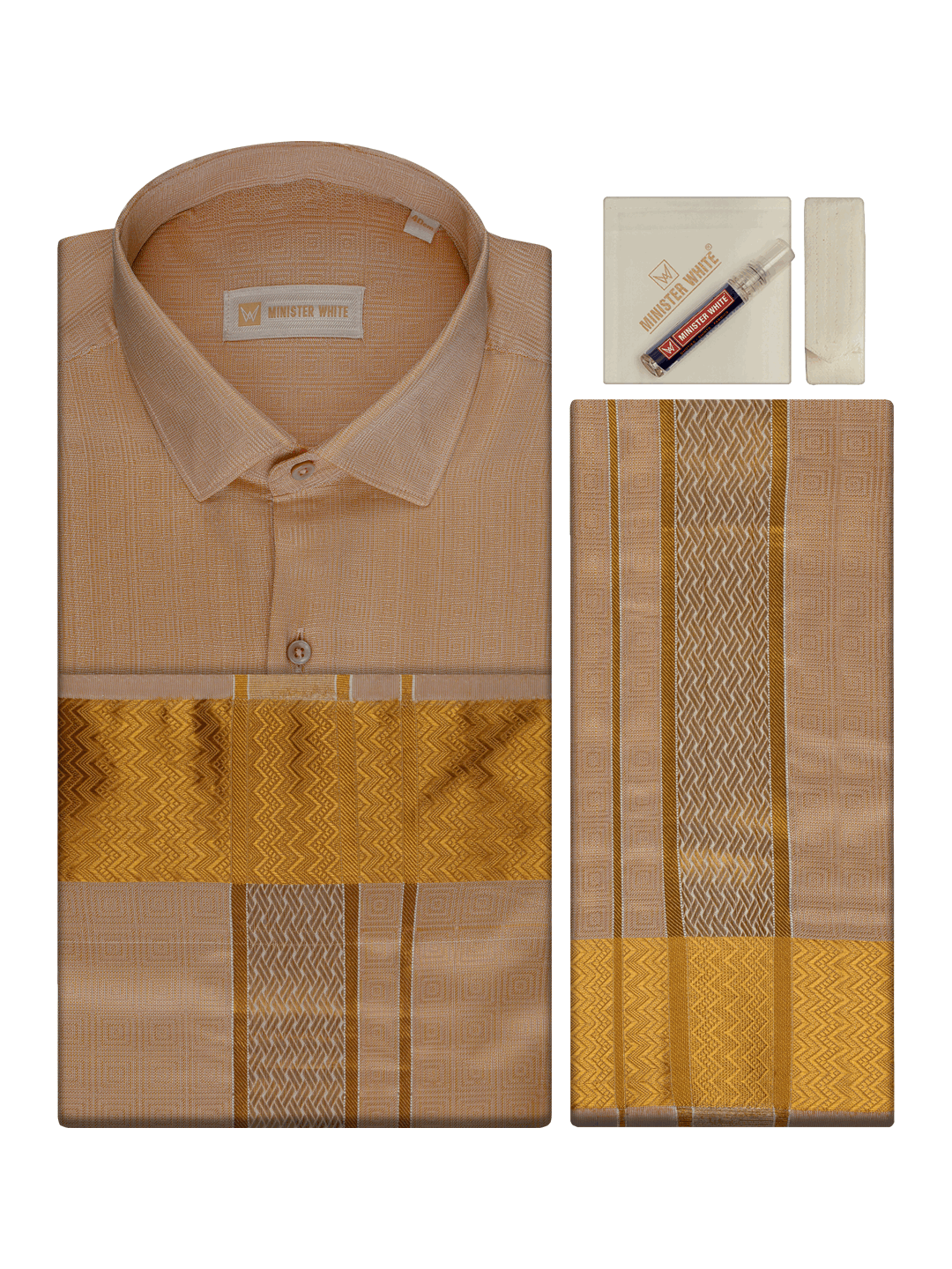 Men's Art Silk Biscuit Jacquard Full Sleeves Shirt with 2 1/2" Gold Jari Border & Towel Dhoti Combo Nautica