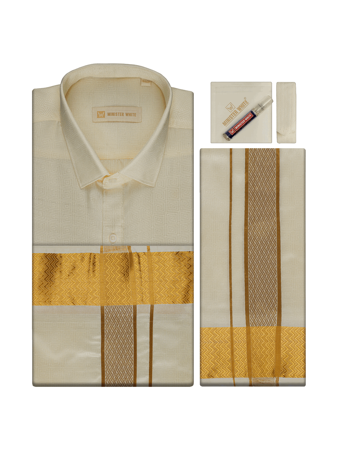 Men's Art Silk Cream Jacquard Full Sleeves Shirt with 2 1/2" Gold Jari Border & Towel Dhoti Combo Nautica