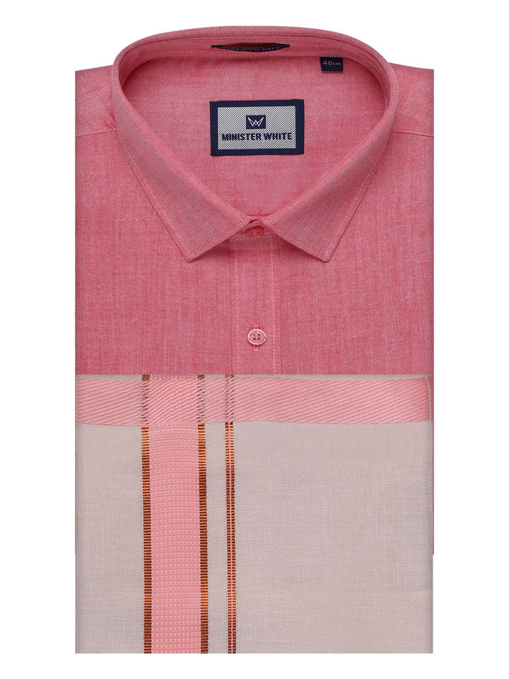 Mens Cotton Pink Shirt with Tissue Matching Border Dhoti Wedding Combo Kandala by Minister White