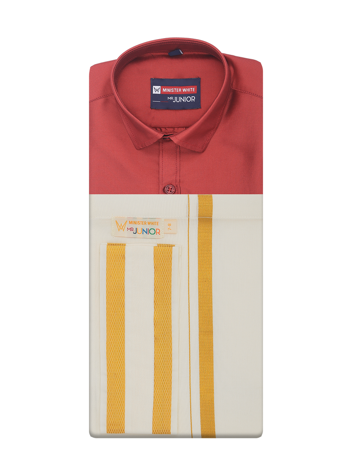 Boys Art Silk Red Half Sleeves Shirt with Gold Jari Flexi Dhoti Towel Combo Calm Boy by Minister White