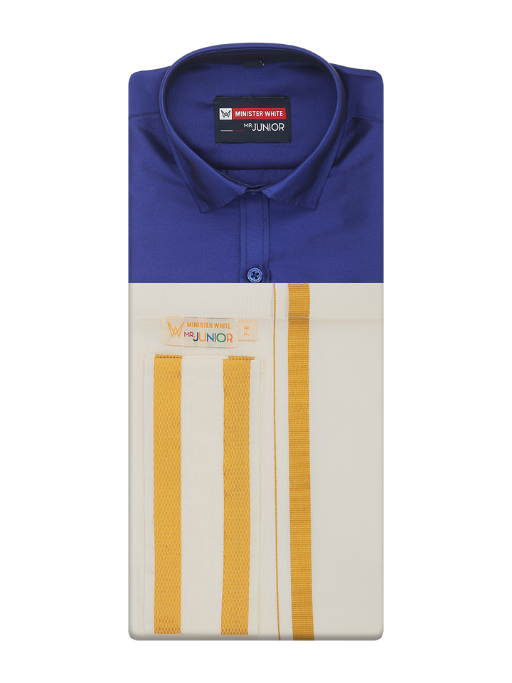 Boys Art Silk Violet Half Sleeves Shirt with Gold Jari Flexi Dhoti Towel Combo Calm Boy by Minister White