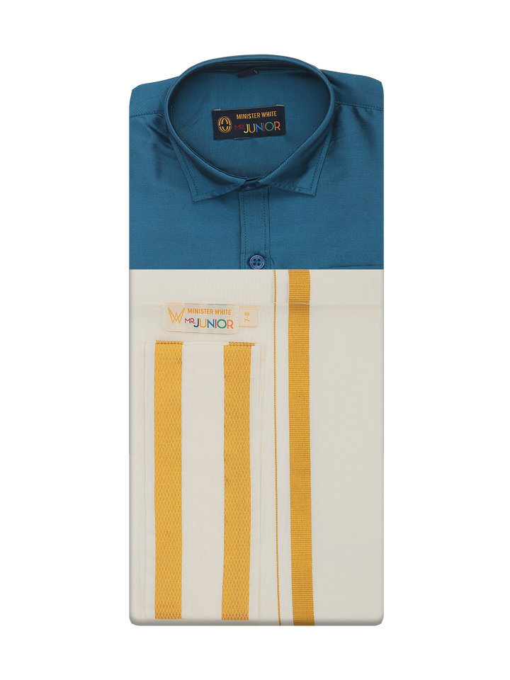 Boys Art Silk Ocean Blue Half Sleeves Shirt with Gold Jari Flexi Dhoti Towel Combo Calm Boy by Minister White