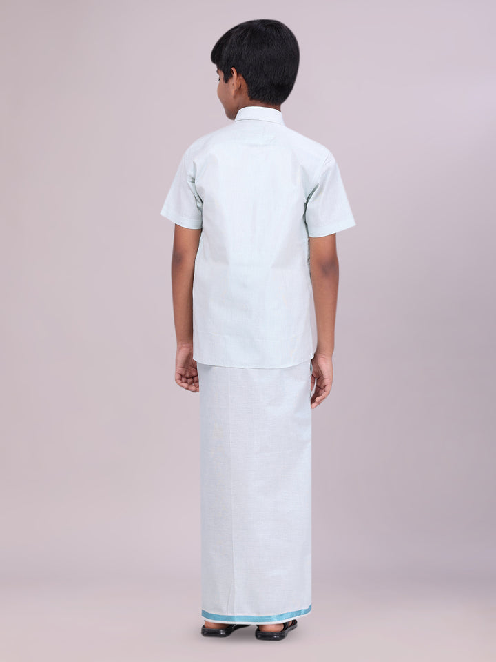 Boys Tissue Mint Blue Colour Shirt with Dhoti Combo back pose