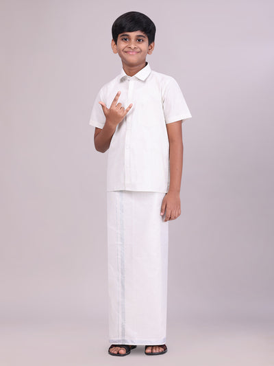 Boys Tissue Silver Colour Shirt with Dhoti Combo side pose