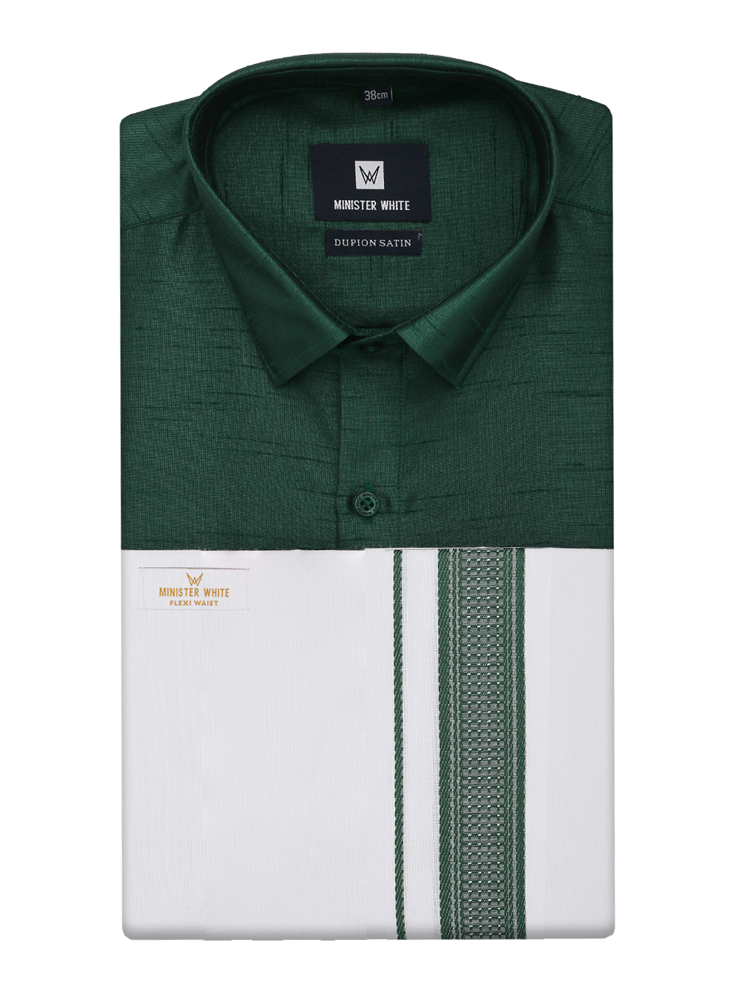 Mens Green Dupion Satin Color Shirt with Matching Border Flexi Dhoti Combo Gora Flexi by Minister White