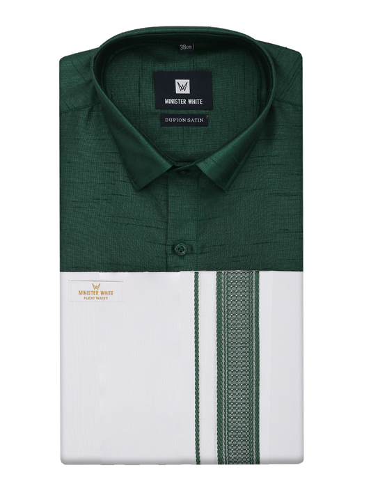 Mens Green Dupion Satin Color Shirt with Matching Border Flexi Dhoti Combo Gora Flexi by Minister White