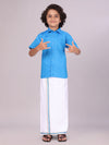 Boys Half Sleeve Blue Shirt with Matching Fancy Flexi Dhoti Combo Brave Boy