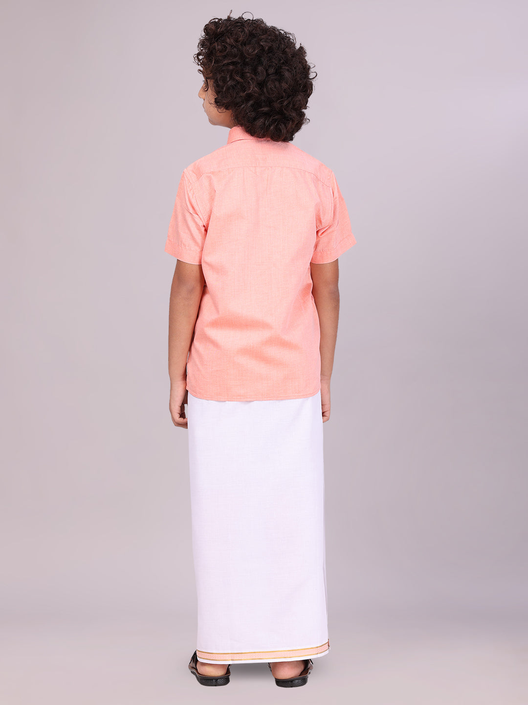 Boys Peach Matching Half Sleeves Shirt with Fancy Flexi Dhoti Combo back pose