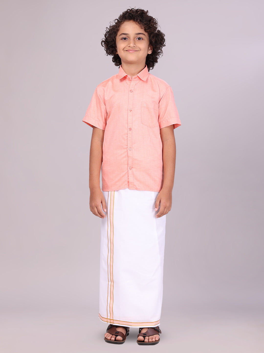 Boys Peach Matching Half Sleeves Shirt with Fancy Flexi Dhoti Combo