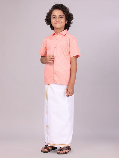 Boys Peach Matching Half Sleeves Shirt with Fancy Flexi Dhoti Combo side pose