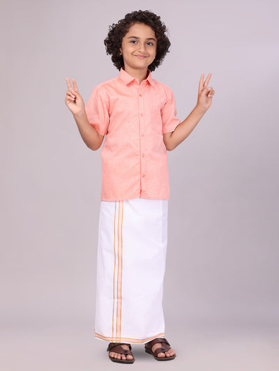 Boys Peach Matching Half Sleeves Shirt with Fancy Flexi Dhoti Combo front pose