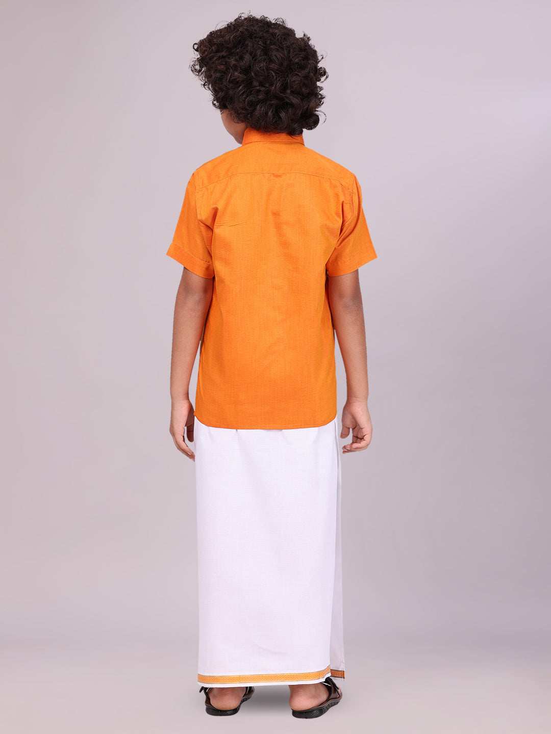 Boys Orange Matching Half Sleeves Shirt with Fancy Flexi Dhoti Combo back pose